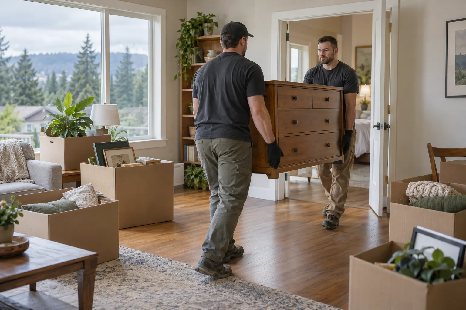 Two movers carry a wooden dresser through an organized home during an estate cleanout