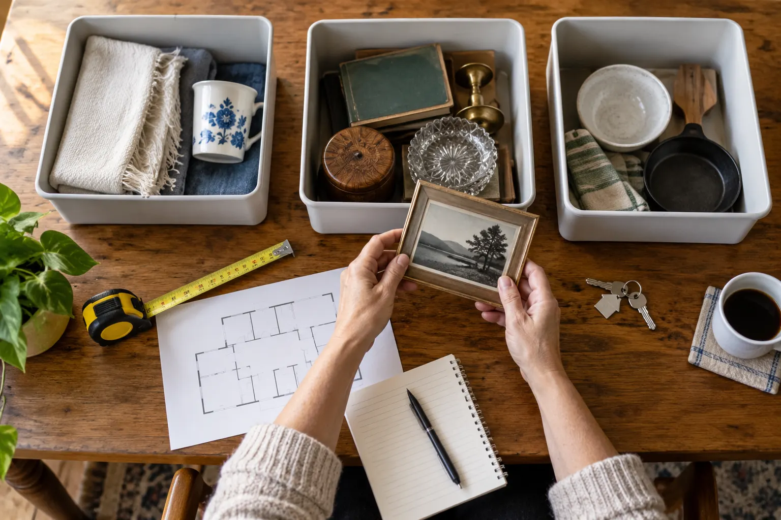 A downsizing decision table with sorting trays, keys, a floor plan, and household keepsakes