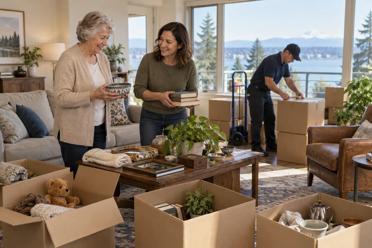 An older homeowner and family member sort a home while a mover packs approved items