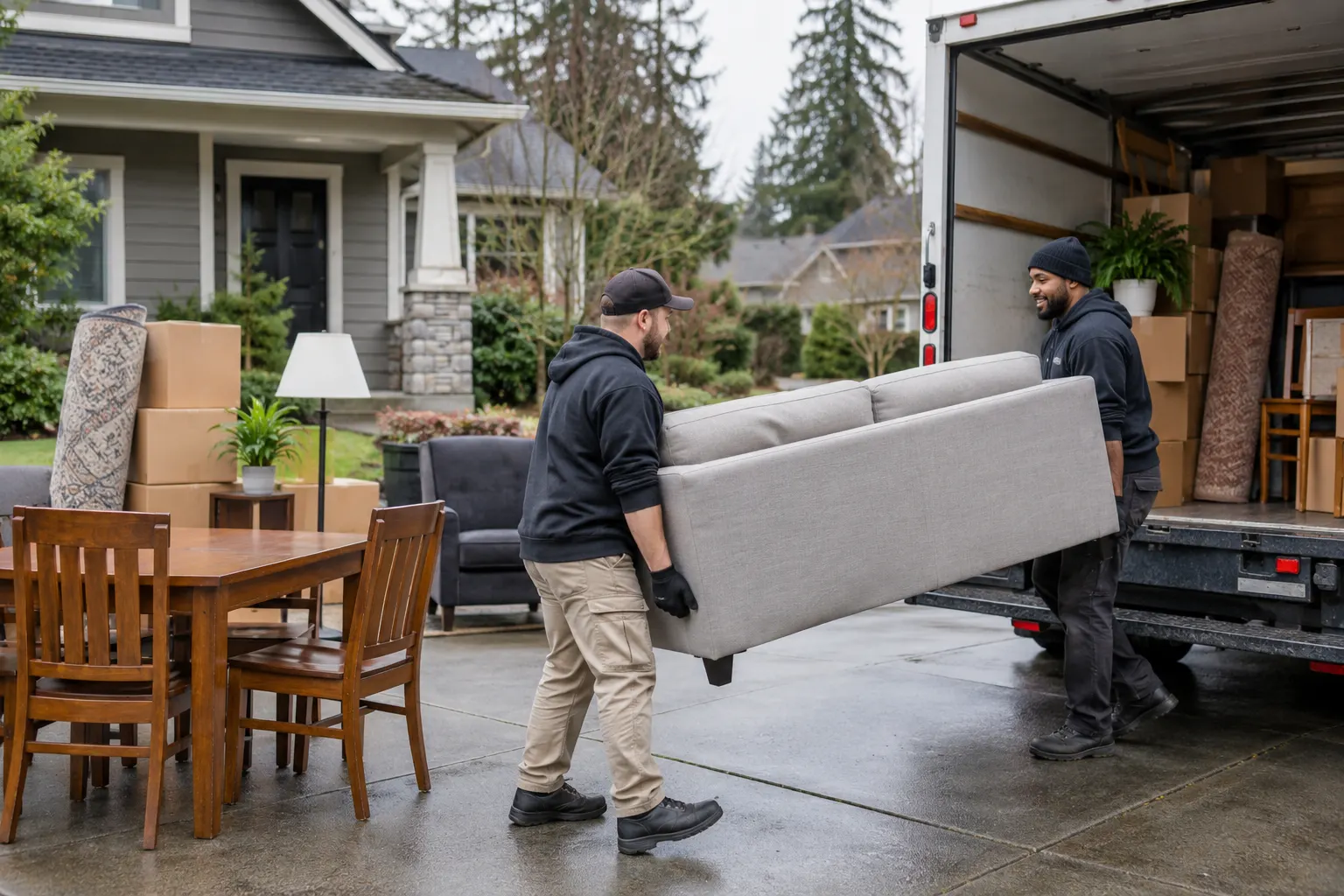 Two movers load a sofa into an unbranded truck from a residential driveway