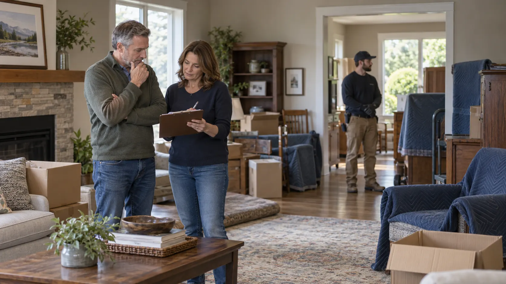 Two family members review an inventory while a mover waits in an inherited home
