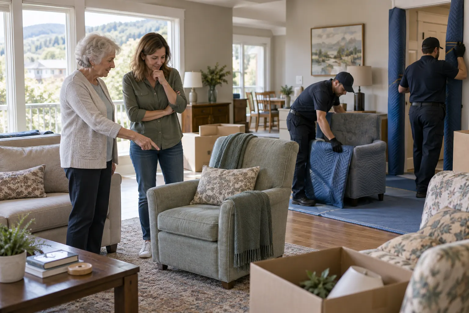 An older adult and family member choose furniture while movers protect a doorway
